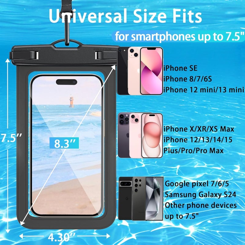 DNNBAO 2 Pack Waterproof Phone Pouch with Adjustable Lanyard for iPhone 17 16 15 14 13 12 Pro Max, for Samsung Galaxy S25/S24 up to 7.5", IPX8 Water Proof Phone Case Dry Bags Black/Black - Image 2